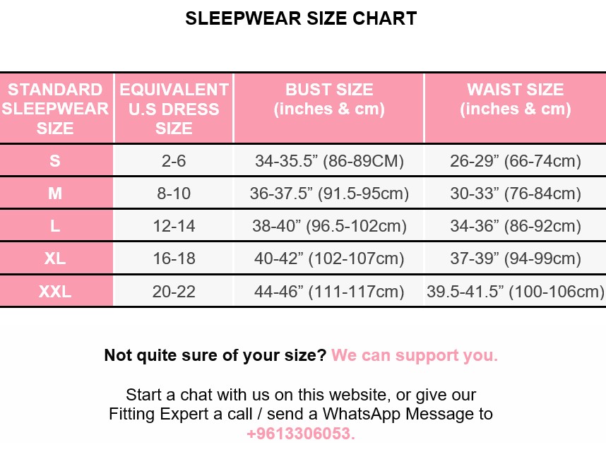 Sleepwear Size Chart